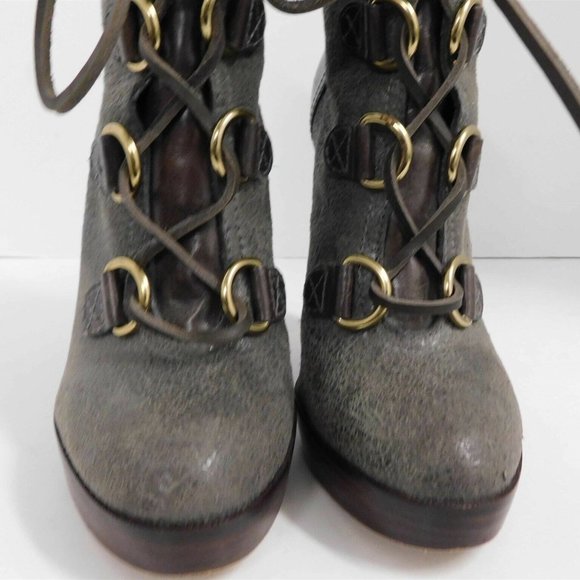 Tory Burch Lawson Bootie Pewter Brown‎ Leather Platform Stiletto Ankle Boots 7 M - Picture 4 of 7